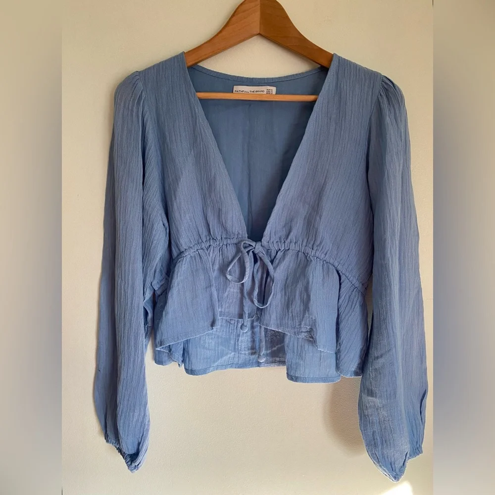 Faithfull The Brand Jacques Top in Chambray Blue Size Small Linen Ruffle Tie - Picture 5 of 8